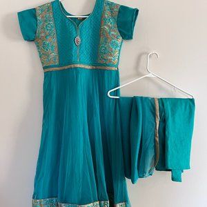 Turquoise Anarkali Style Salwar With Gold Border